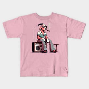 smoking 70s goat sitting on vintage radio Kids T-Shirt